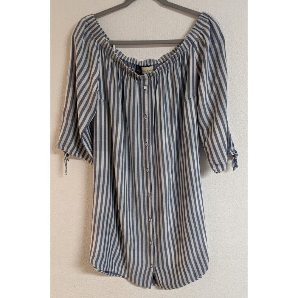 Women's Cloth & Stone Blue & White Striped Off Shoulder Viscose Blend Dress L